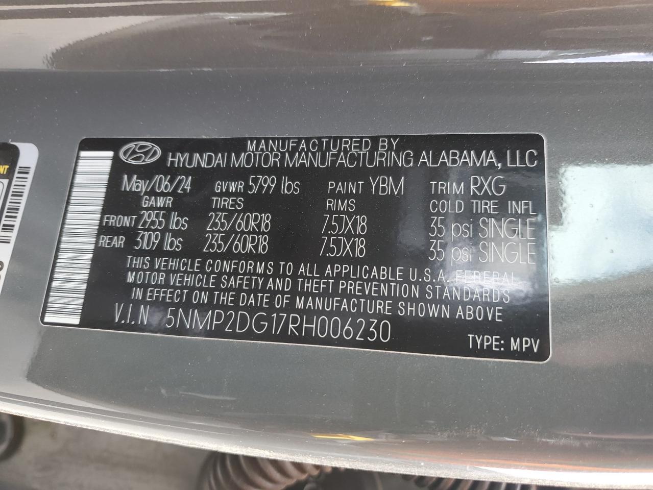 2024 HYUNDAI SANTA FE SEL VIN:5NMP2DG17RH006230