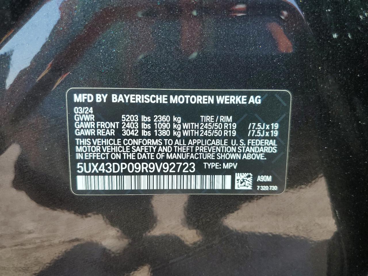 2024 BMW X3 SDRIVE30I VIN:5UX43DP09R9V92723