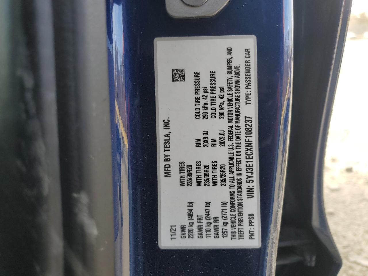 2022 TESLA MODEL 3  VIN:5YJ3E1ECXNF108237