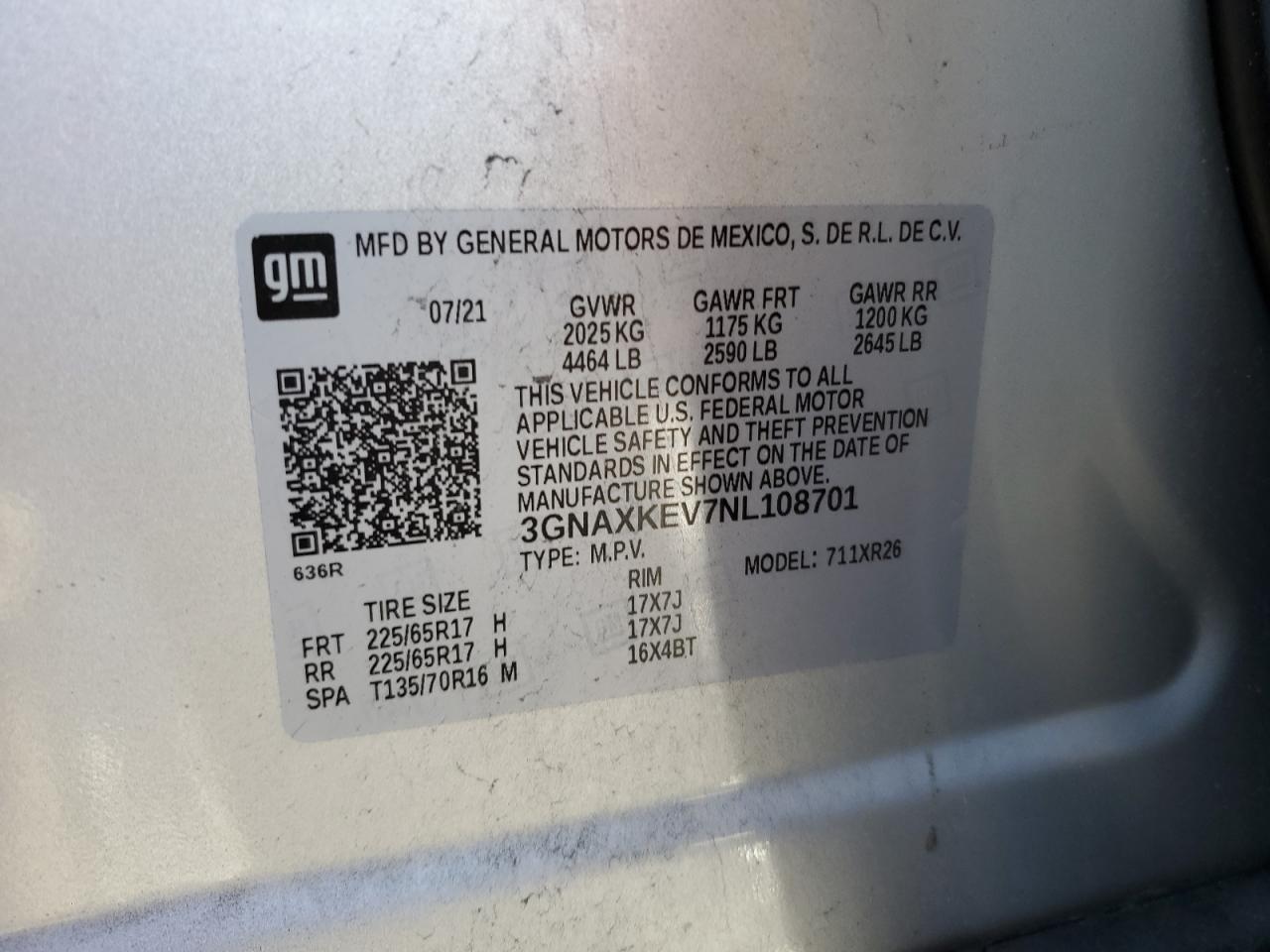 2022 CHEVROLET EQUINOX LT VIN:3GNAXKEV7NL108701