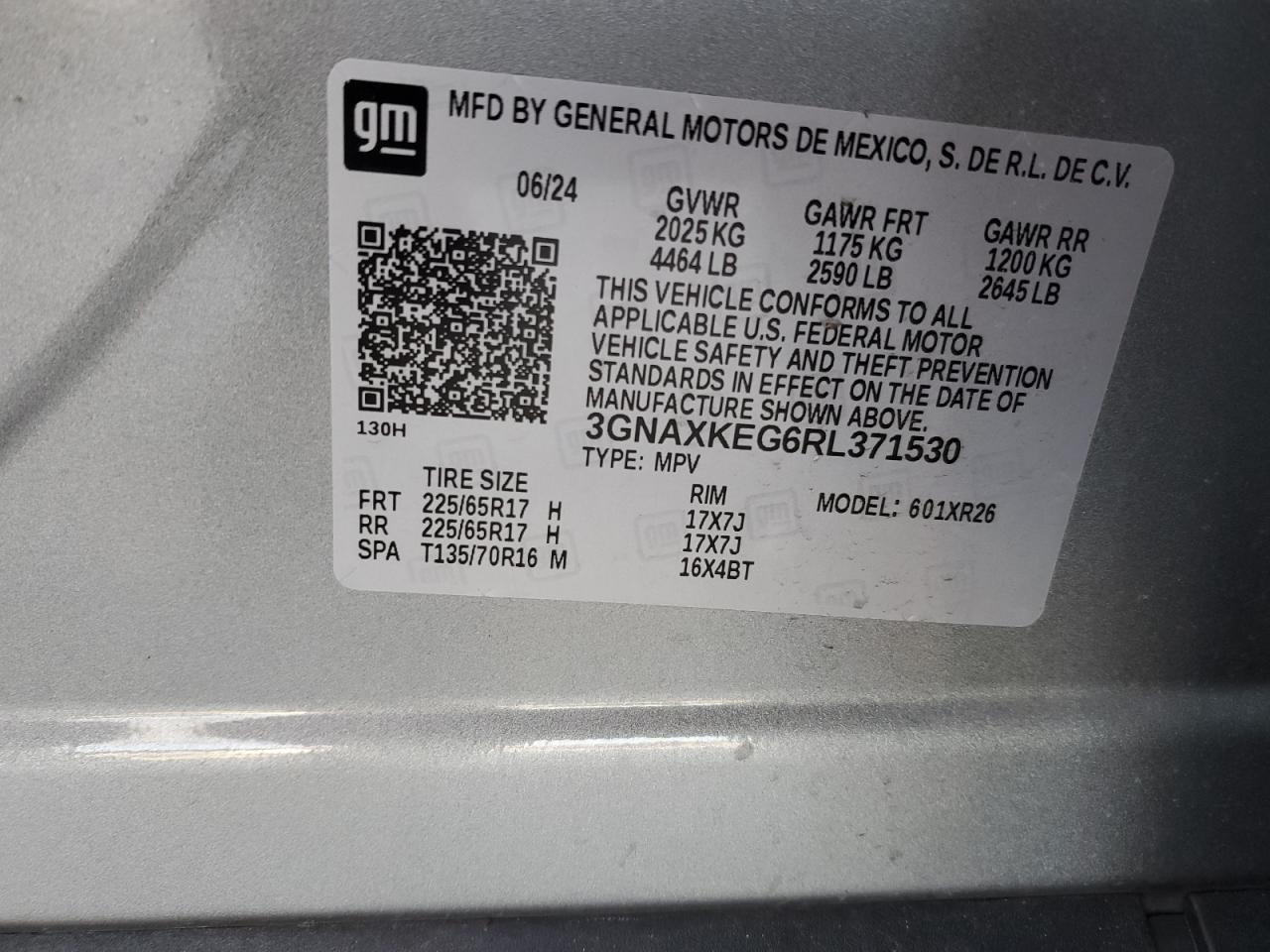 2024 CHEVROLET EQUINOX LT VIN:3GNAXKEG6RL371530