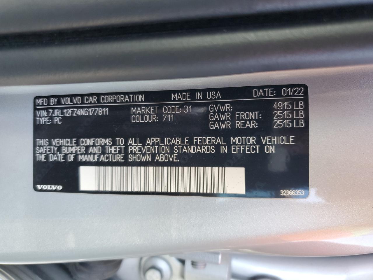 2022 VOLVO S60 B5 MOMENTUM VIN:7JRL12FZ4NG177811