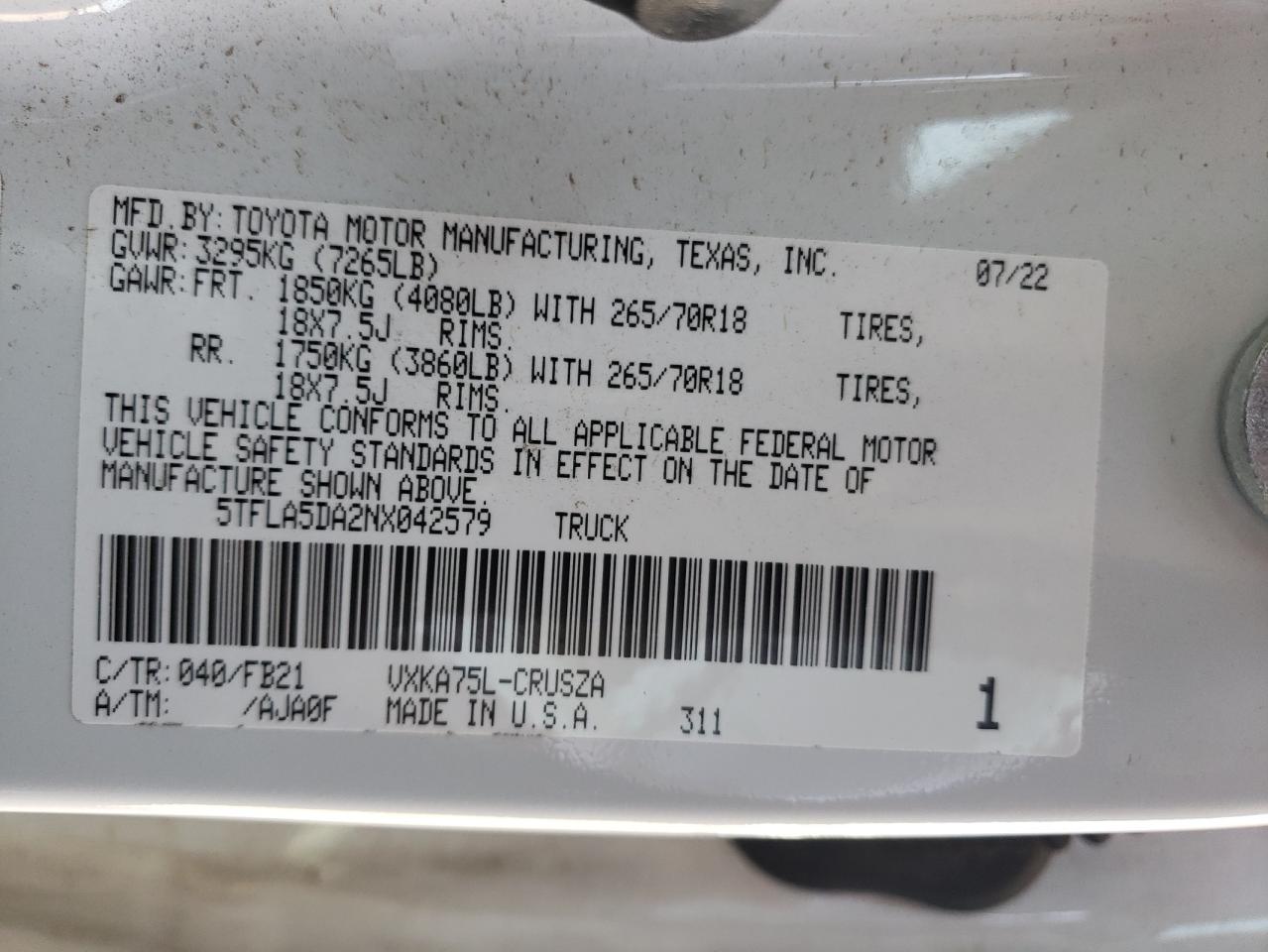 2022 TOYOTA TUNDRA DOUBLE CAB SR VIN:5TFLA5DA2NX042579