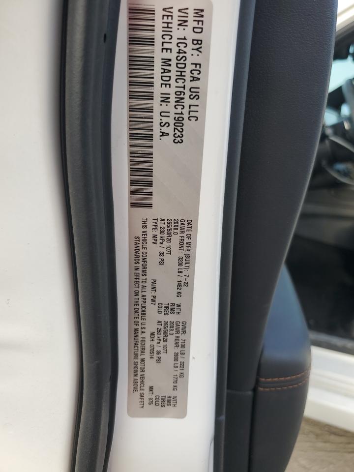 2022 DODGE DURANGO R/T VIN:1C4SDHCT6NC190233