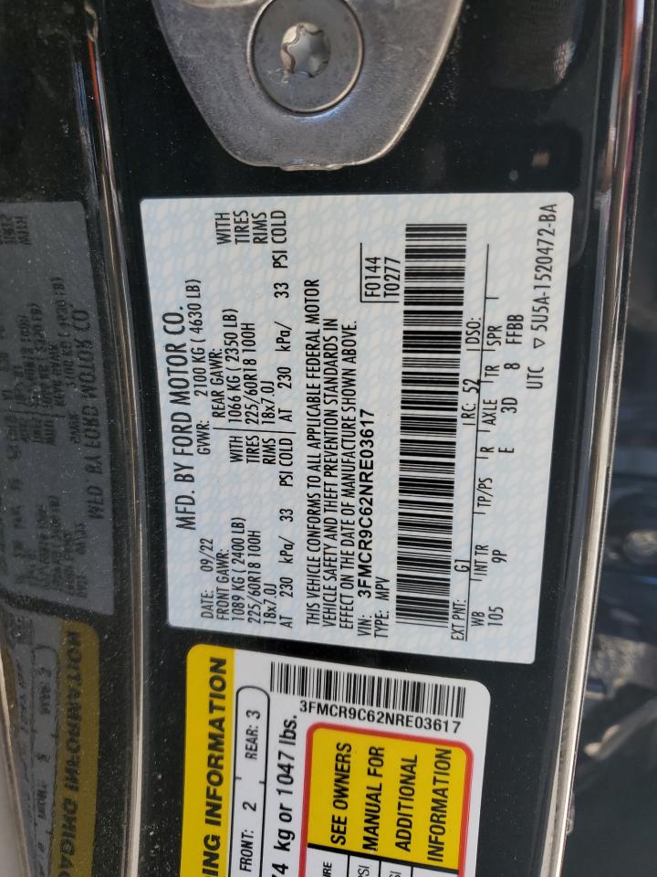2022 FORD BRONCO SPORT OUTER BANKS VIN:3FMCR9C62NRE03617