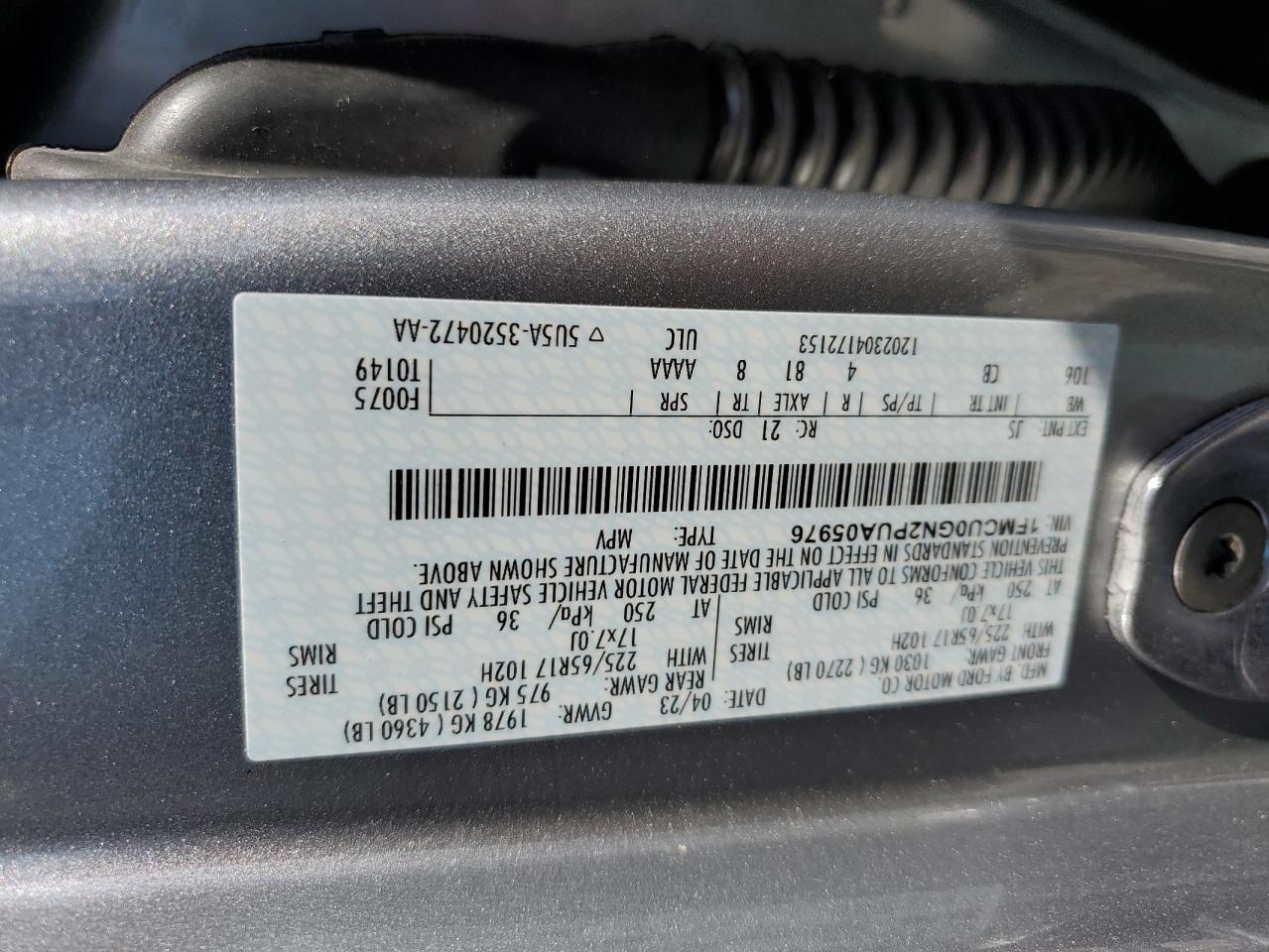 2023 FORD ESCAPE ACTIVE VIN:1FMCU0GN2PUA05976