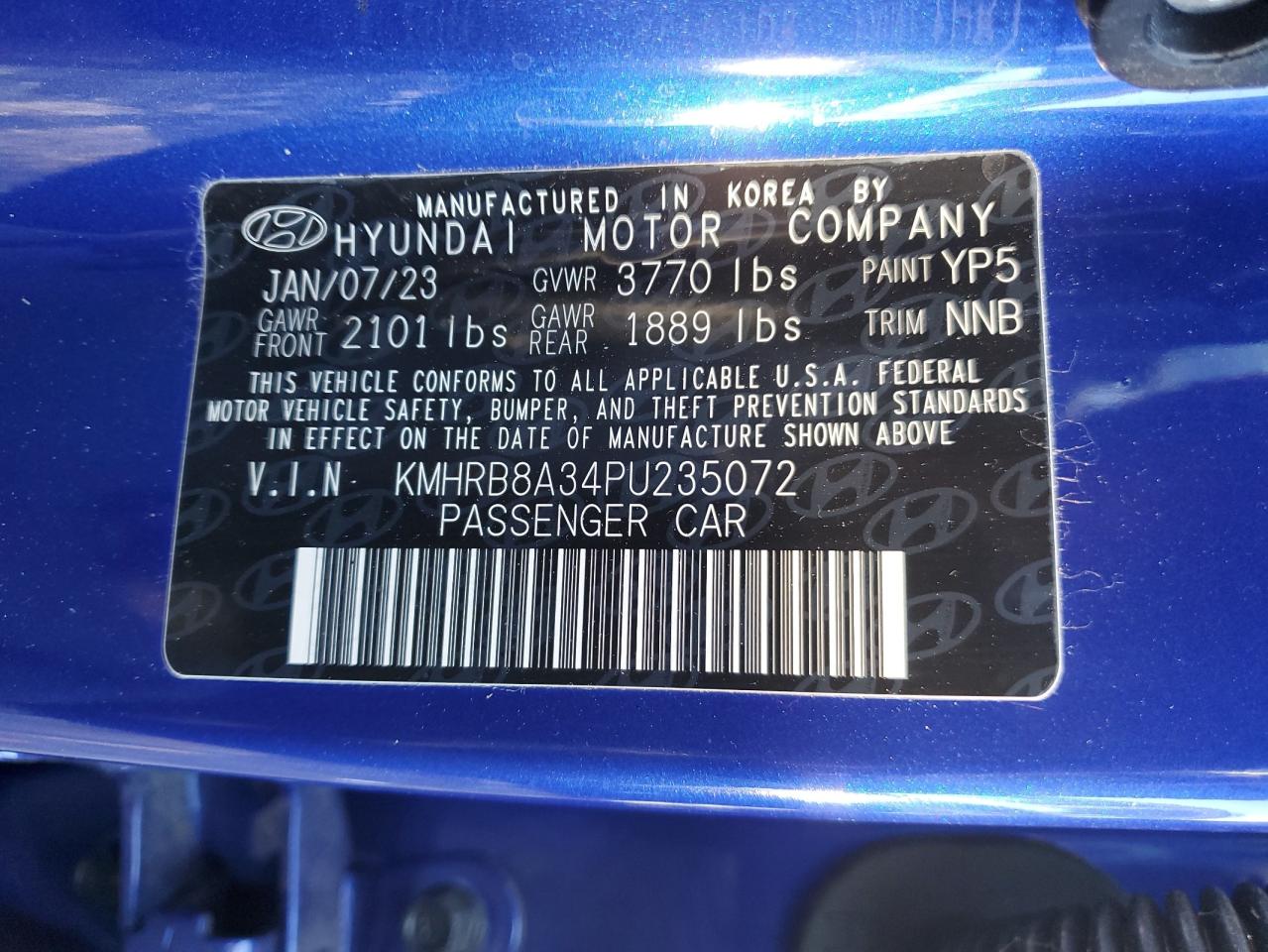 2023 HYUNDAI VENUE SE VIN:KMHRB8A34PU235072