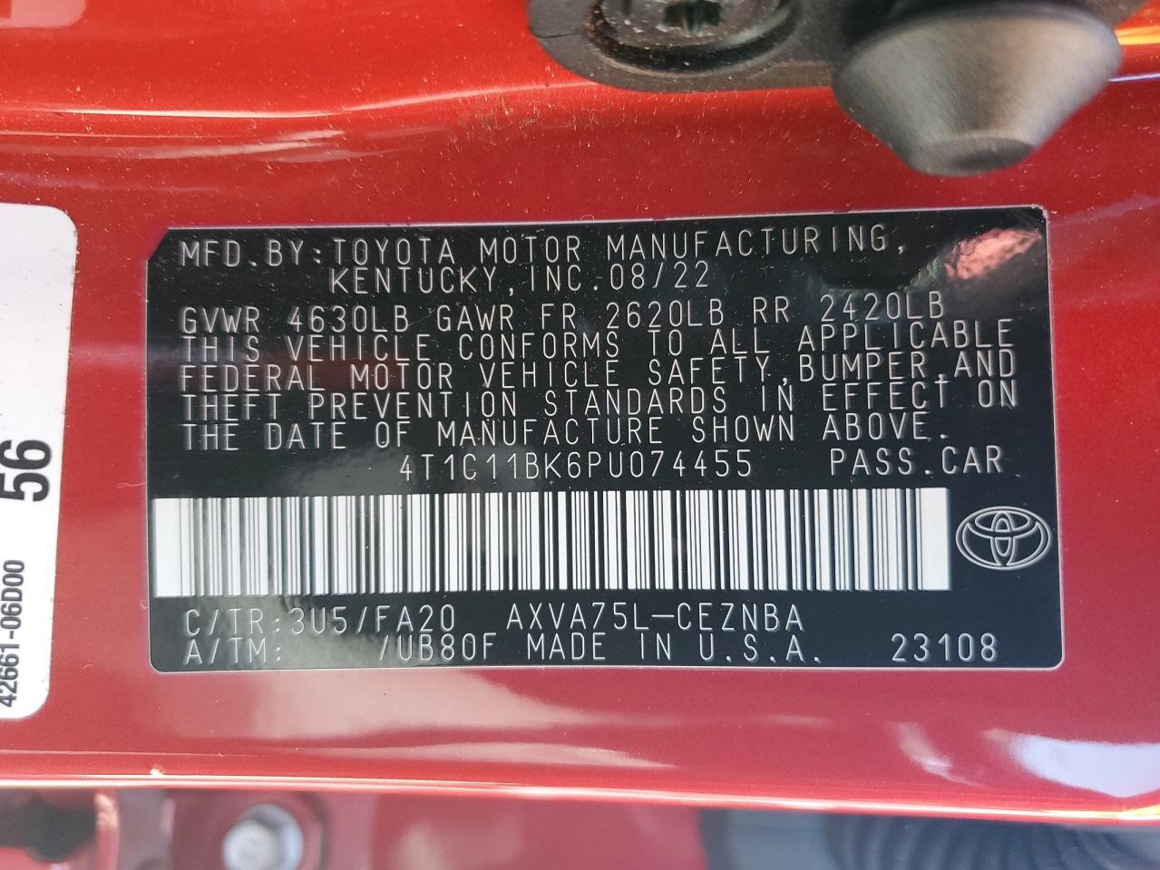 2023 TOYOTA CAMRY LE VIN:4T1C11BK6PU074455