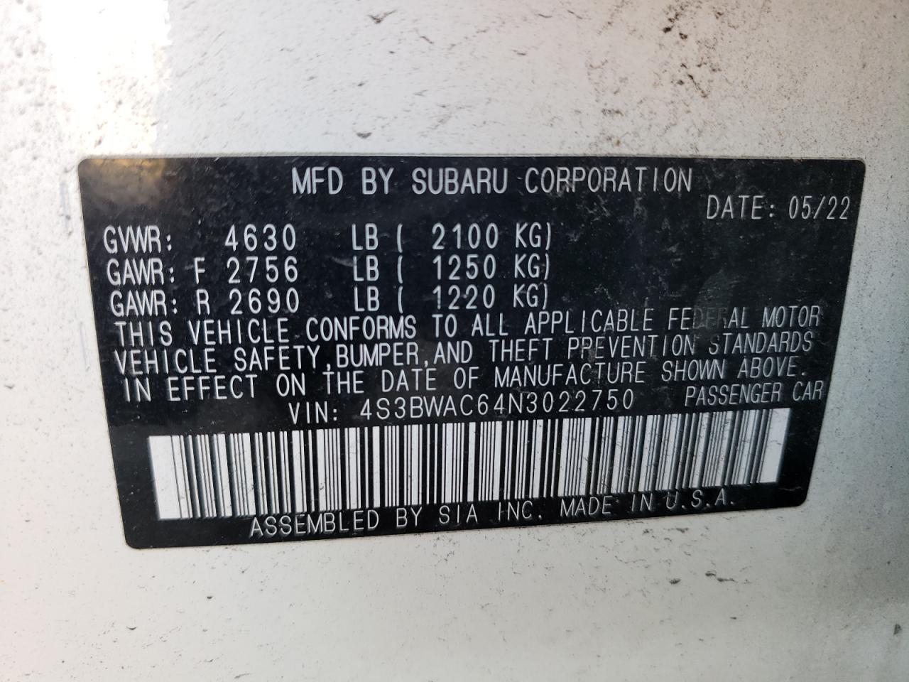 2022 SUBARU LEGACY PREMIUM VIN:4S3BWAC64N3022750