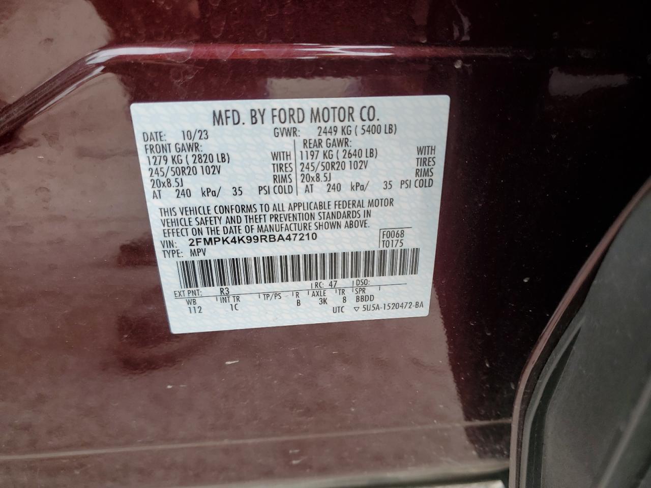2024 FORD EDGE TITANIUM VIN:2FMPK4K99RBA47210