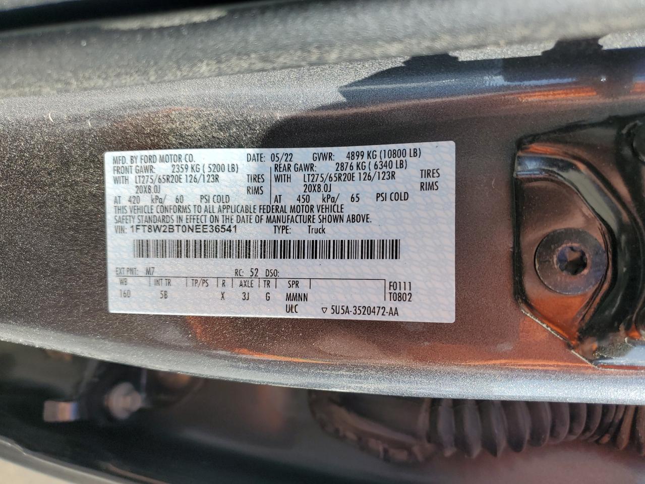 2022 FORD F250 SUPER DUTY VIN:1FT8W2BT0NEE36541
