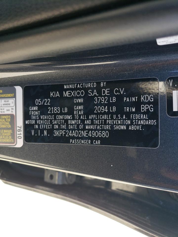 2022 KIA FORTE FE VIN:3KPF24AD2NE490680
