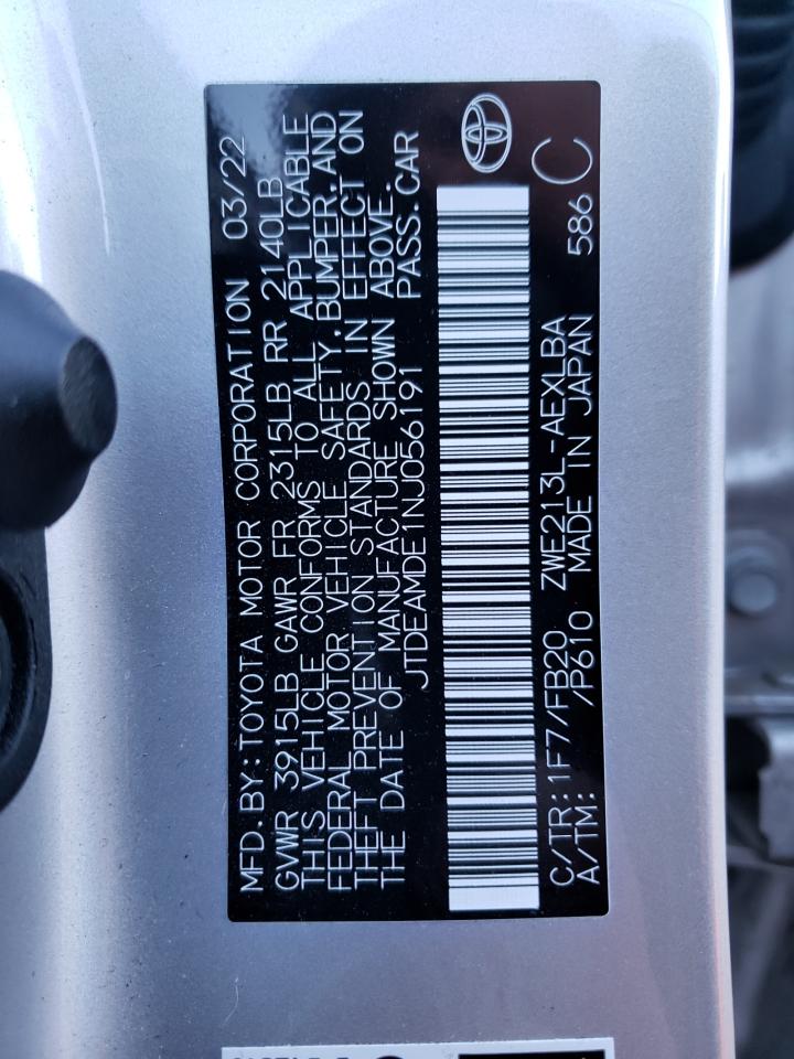 2022 TOYOTA COROLLA LE VIN:JTDEAMDE1NJ056191