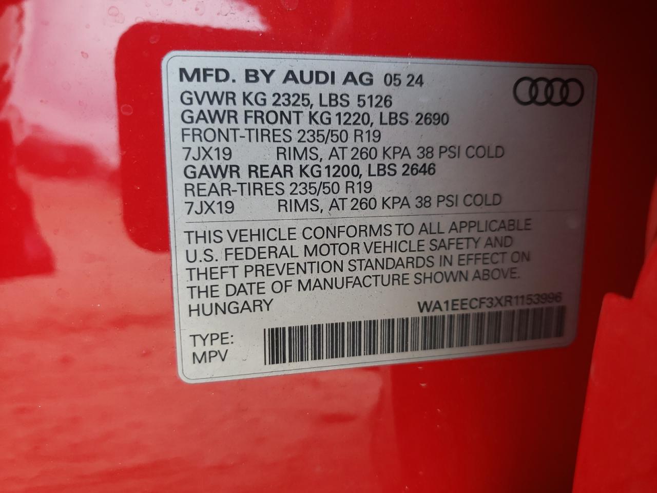 2024 AUDI Q3 PREMIUM PLUS S LINE 45 VIN:WA1EECF3XR1153996