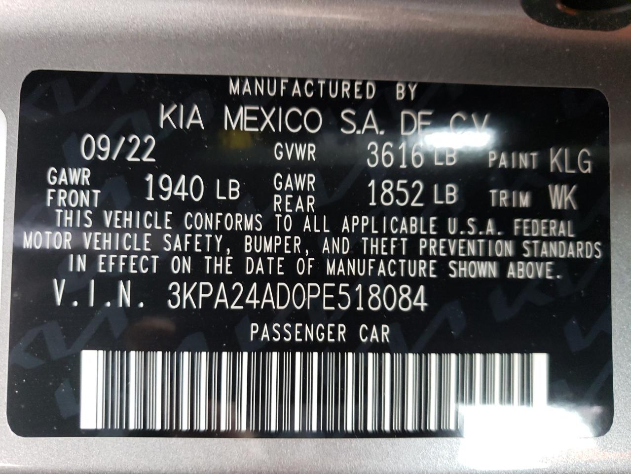 2023 KIA RIO LX VIN:3KPA24AD0PE518084