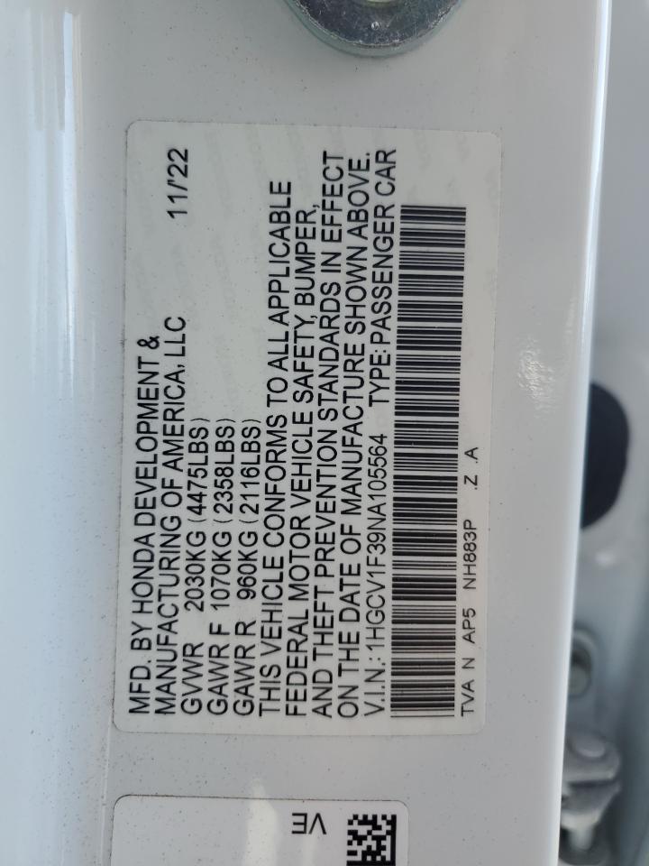 2022 HONDA ACCORD SPORT VIN:1HGCV1F39NA105564