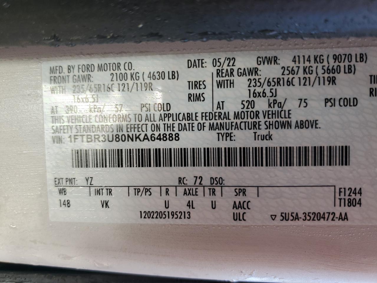 2022 FORD TRANSIT T-250 VIN:1FTBR3U80NKA64888
