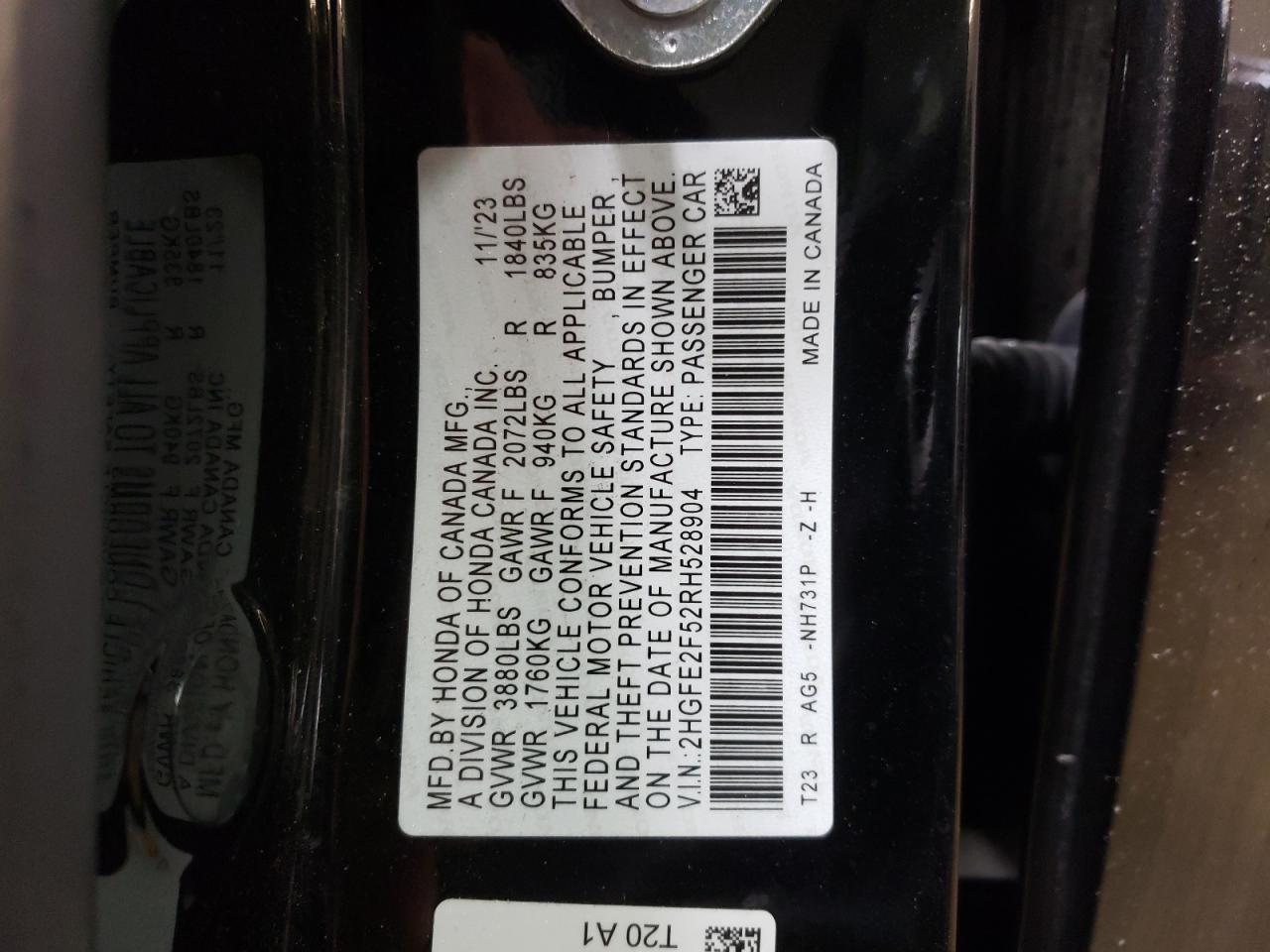 2024 HONDA CIVIC SPORT VIN:2HGFE2F52RH528904