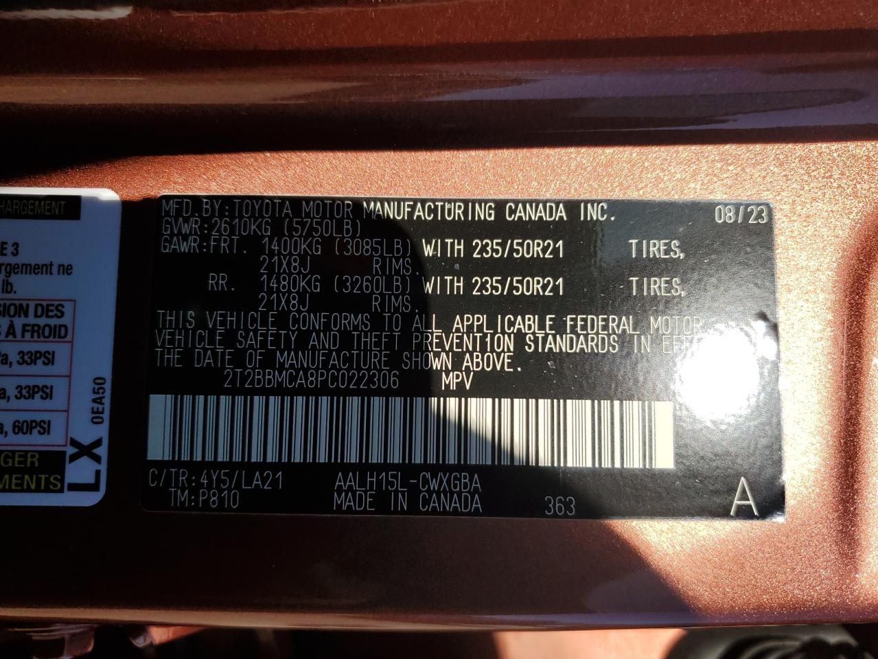 2023 LEXUS RX 350H BASE VIN:2T2BBMCA8PC022306