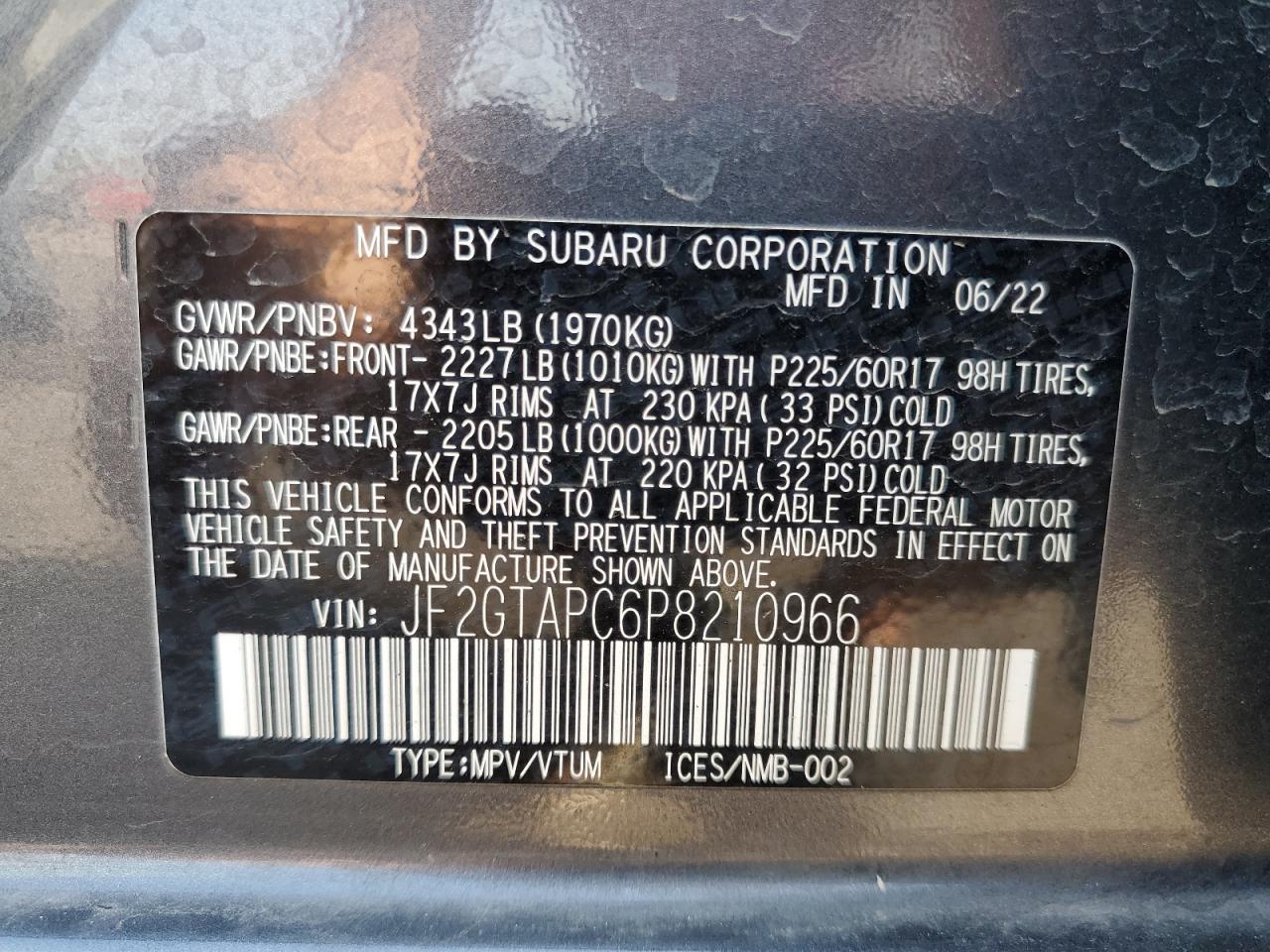 2023 SUBARU CROSSTREK PREMIUM VIN:JF2GTAPC6P8210966