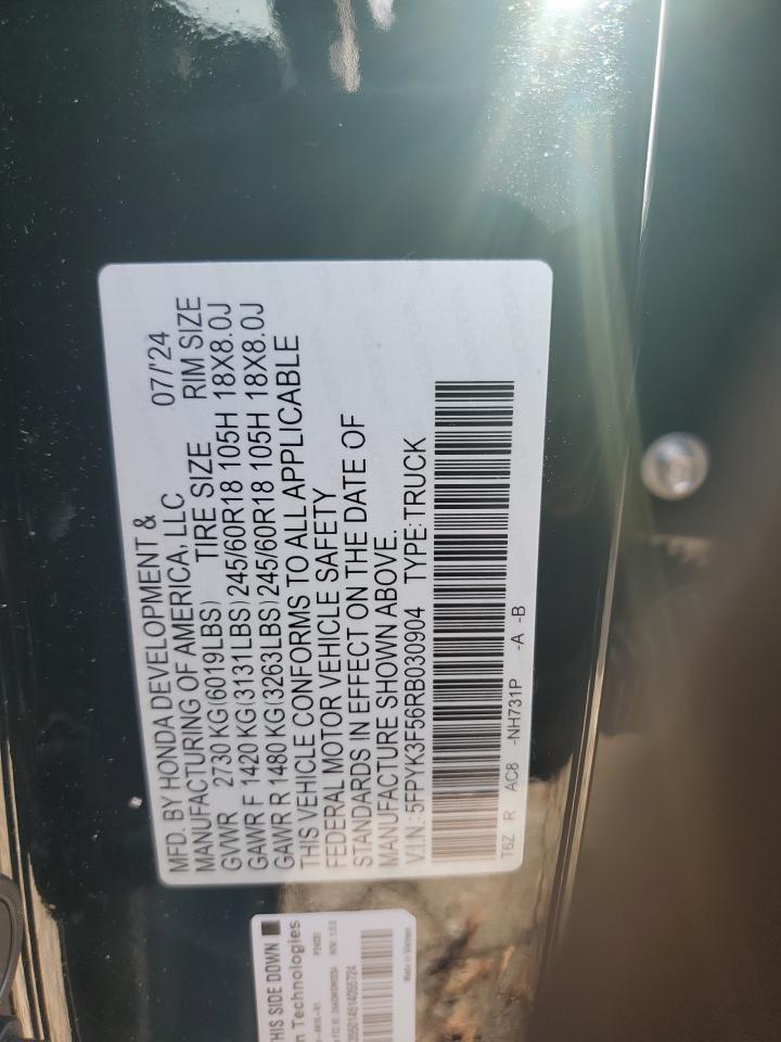 2024 HONDA RIDGELINE RTL VIN:5FPYK3F56RB030904