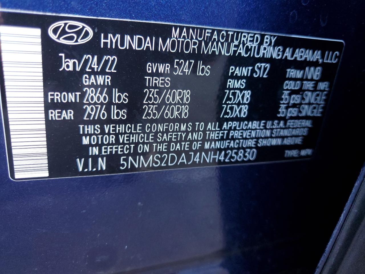 2022 HYUNDAI SANTA FE SEL VIN:5NMS2DAJ4NH425830