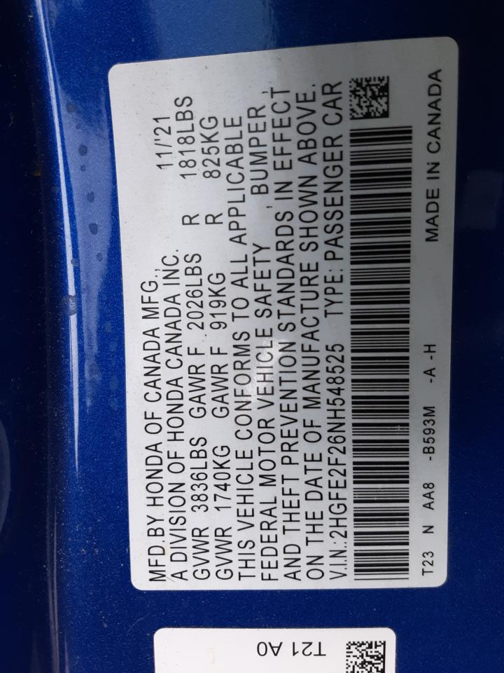 2022 HONDA CIVIC LX VIN:2HGFE2F26NH548525