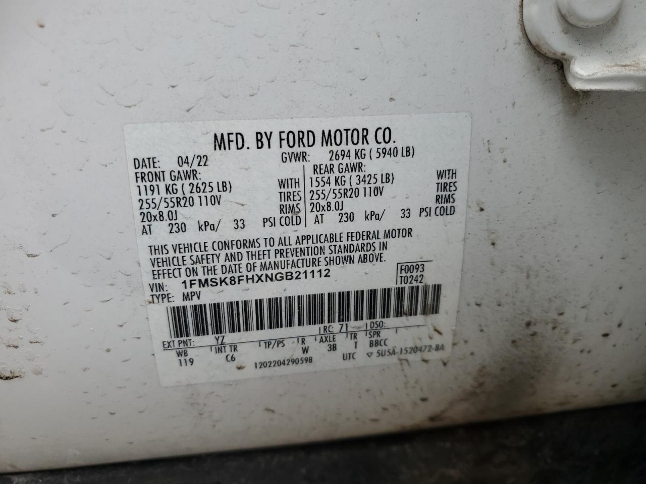 2022 FORD EXPLORER LIMITED VIN:1FMSK8FHXNGB21112