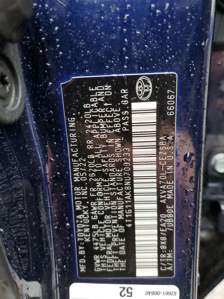 2022 TOYOTA CAMRY SE VIN:4T1G11AK8NU700233