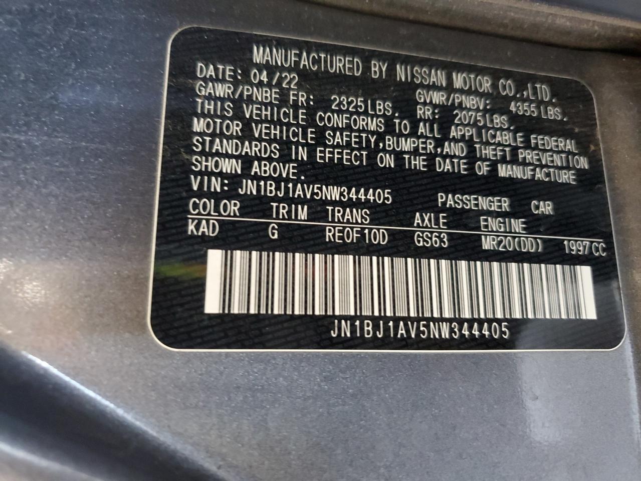 2022 NISSAN ROGUE SPORT S VIN:JN1BJ1AV5NW344405