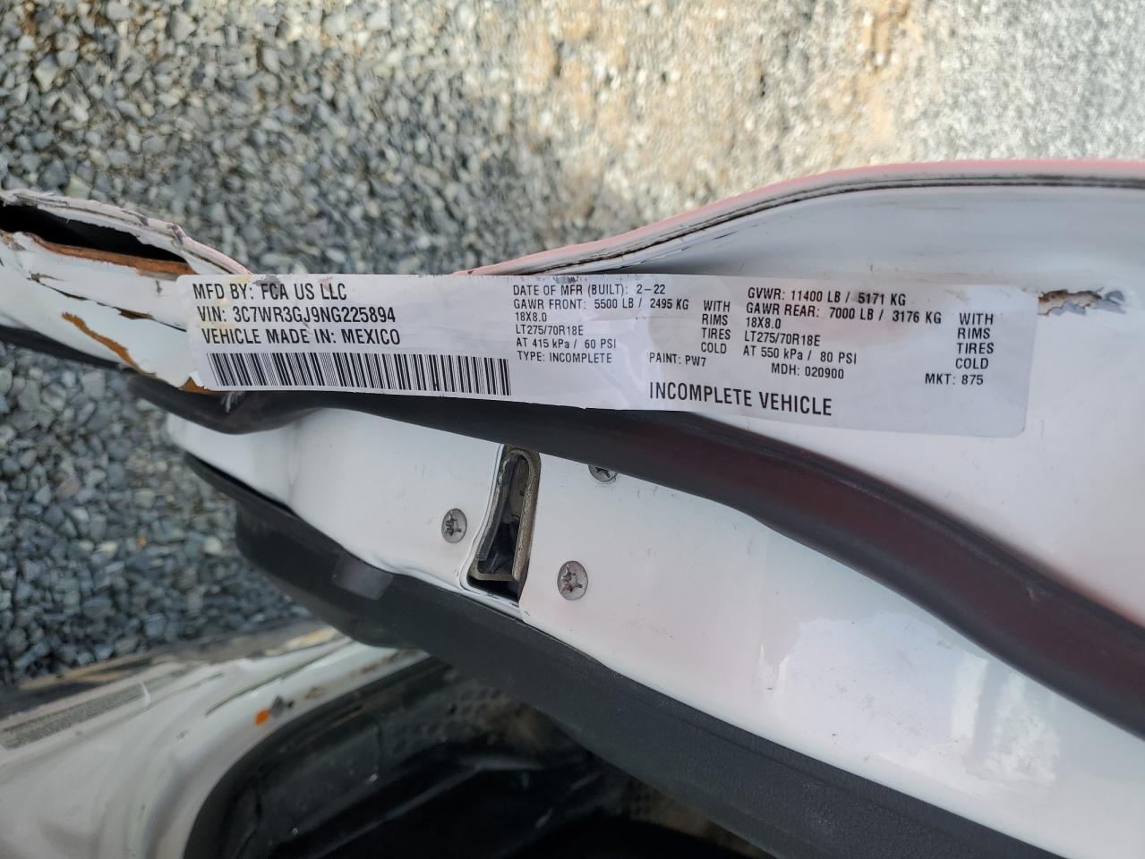 2022 RAM 3500 TRADESMAN VIN:3C7WR3GJ9NG225894