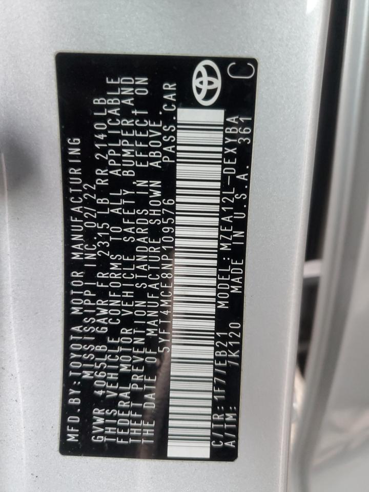 2022 TOYOTA COROLLA XSE VIN:5YFT4MCE8NP109576