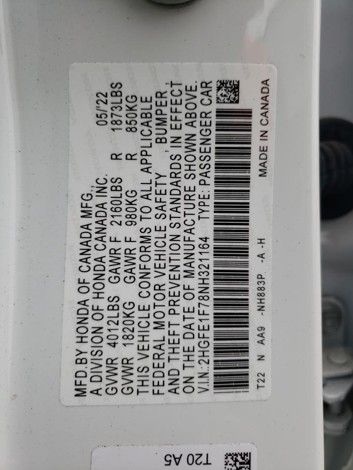 2022 HONDA CIVIC EX VIN:2HGFE1F78NH321164