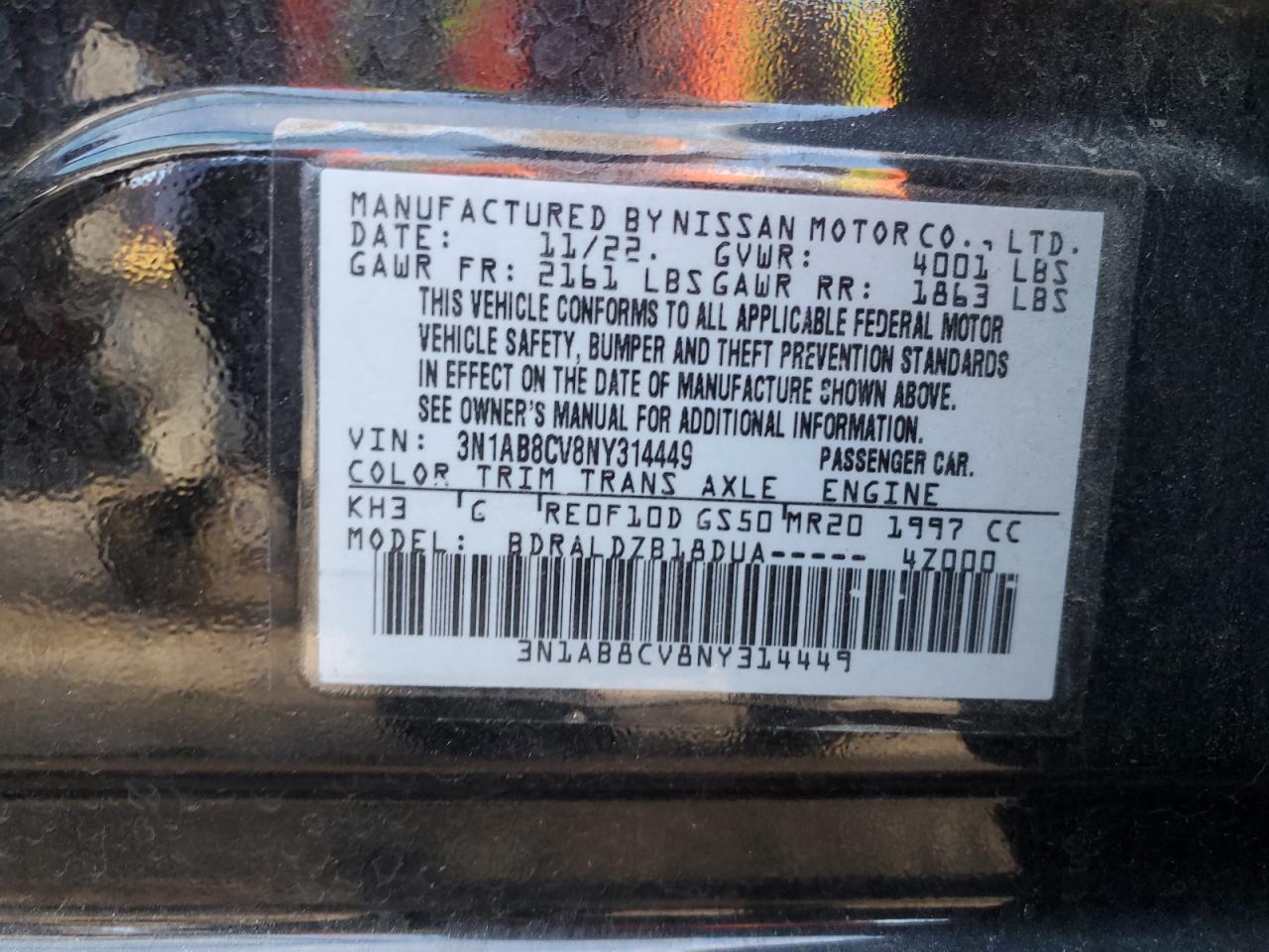 2022 NISSAN SENTRA SV VIN:3N1AB8CV8NY314449