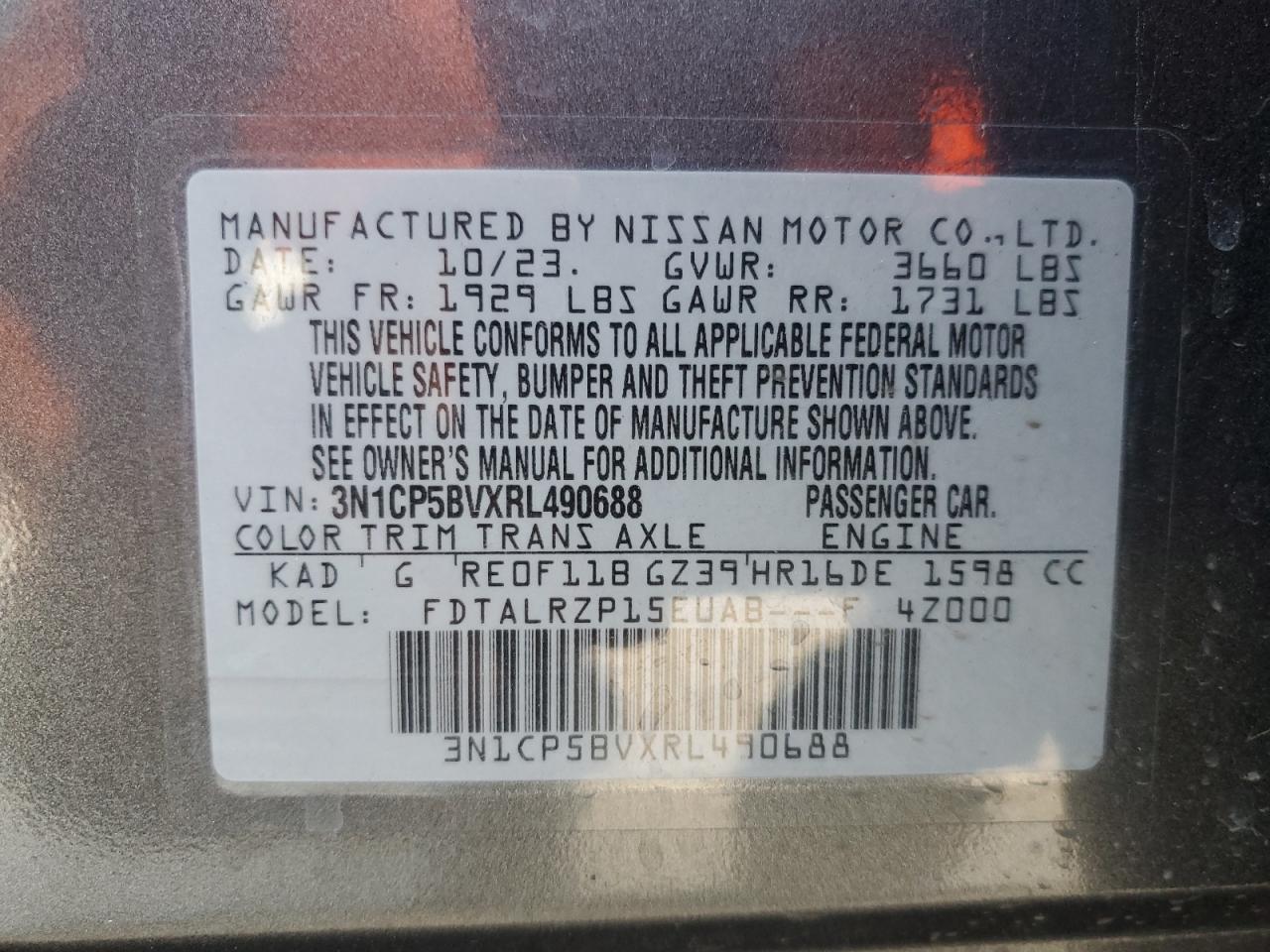 2024 NISSAN KICKS S VIN:3N1CP5BVXRL490688