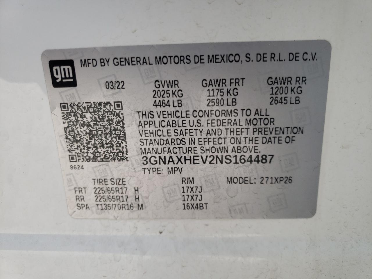 2022 CHEVROLET EQUINOX LS VIN:3GNAXHEV2NS164487