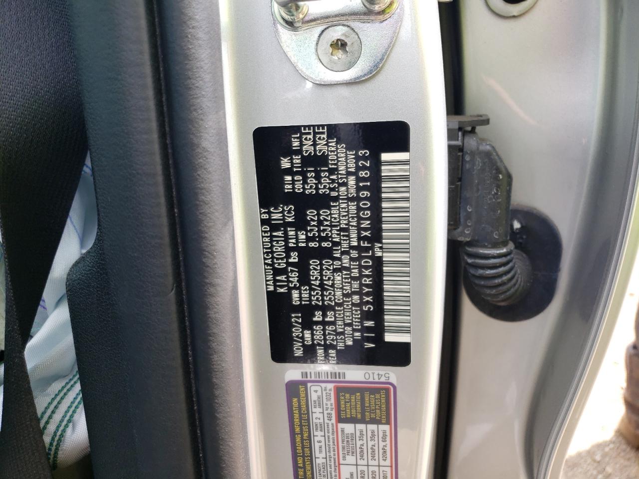 2022 KIA SORENTO SX VIN:5XYRKDLFXNG091823