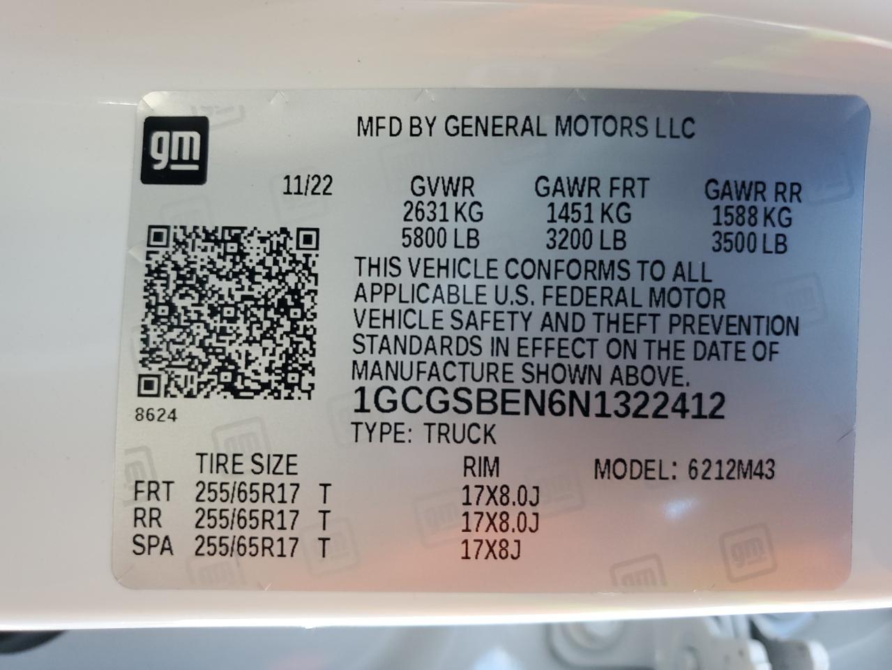 2022 CHEVROLET COLORADO  VIN:1GCGSBEN6N1322412