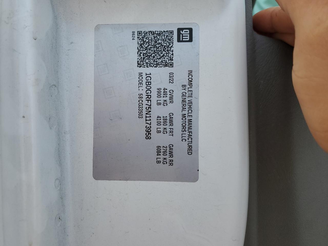 2022 CHEVROLET EXPRESS G3500  VIN:1GB0GRF75N1173958