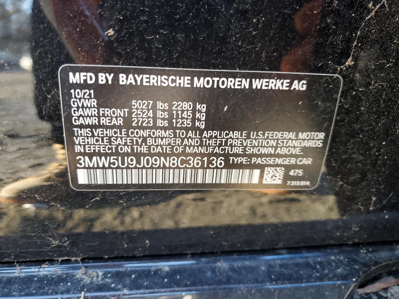 2022 BMW M340XI  VIN:3MW5U9J09N8C36136