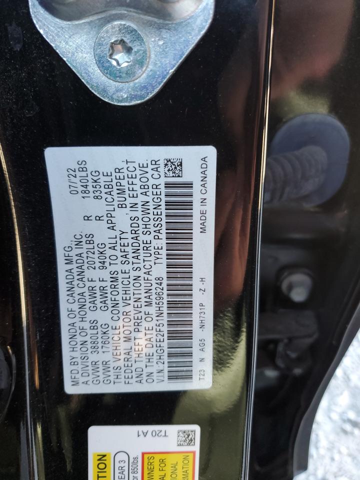 2022 HONDA CIVIC SPORT VIN:2HGFE2F51NH596248