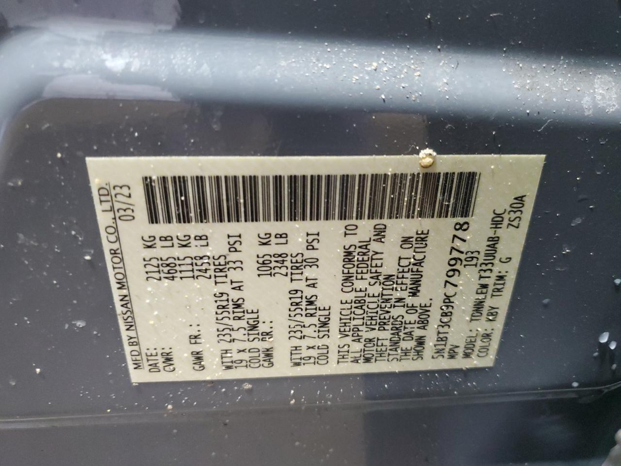 2023 NISSAN ROGUE SL VIN:5N1BT3CB9PC799778