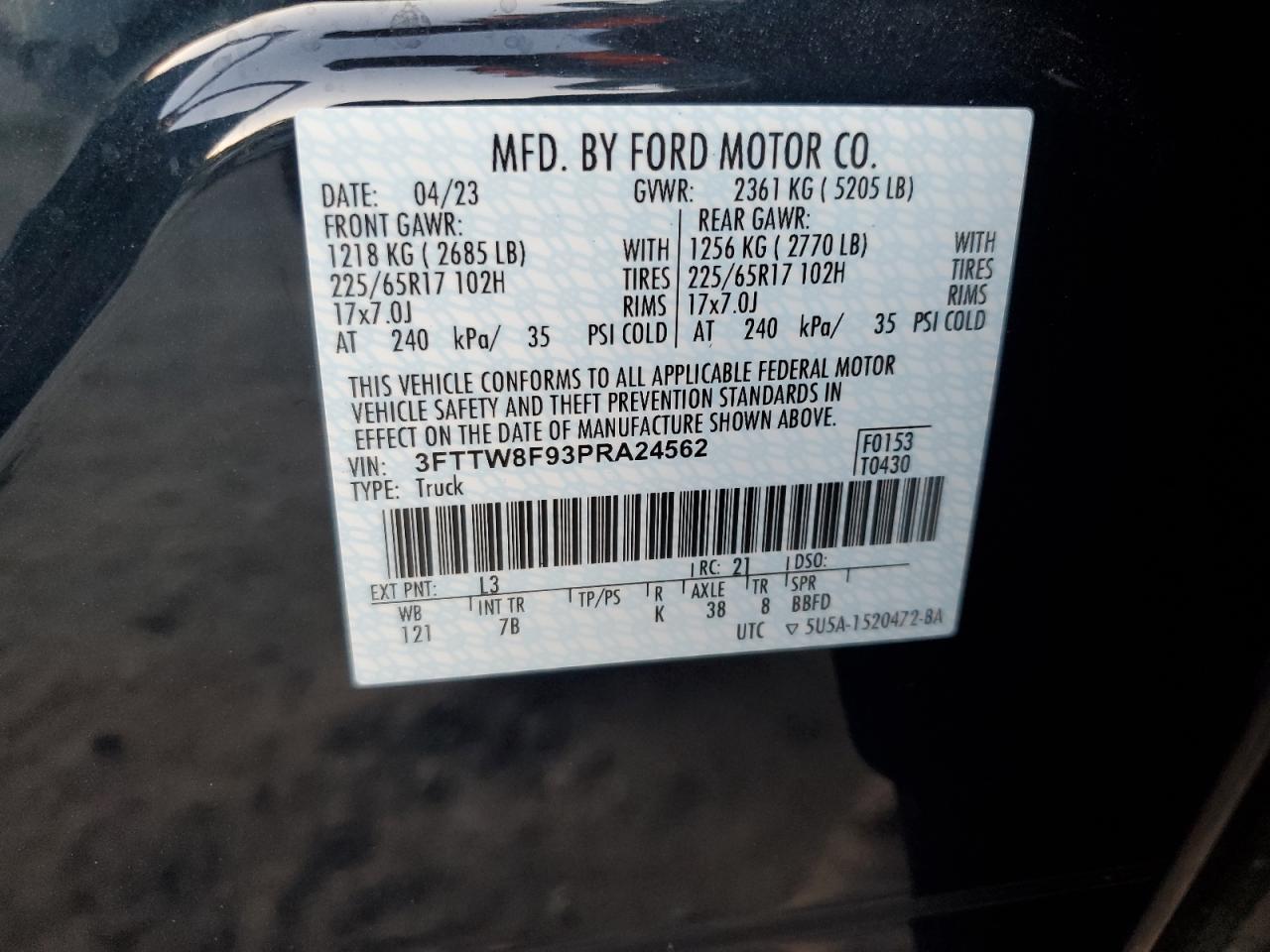 2023 FORD MAVERICK XL VIN:3FTTW8F93PRA24562