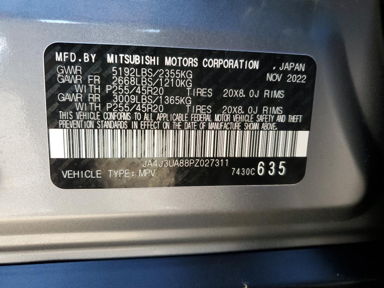 2023 MITSUBISHI OUTLANDER SE VIN:JA4J3UA88PZ027311