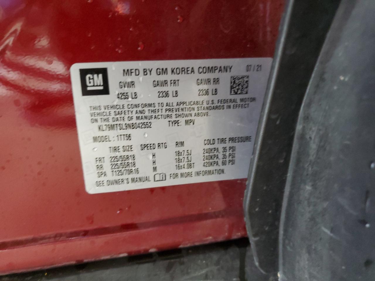 2022 CHEVROLET TRAILBLAZER RS VIN:KL79MTSL9NB042552