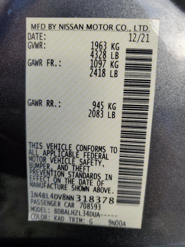 2022 NISSAN ALTIMA SV VIN:1N4BL4DV8NN318378