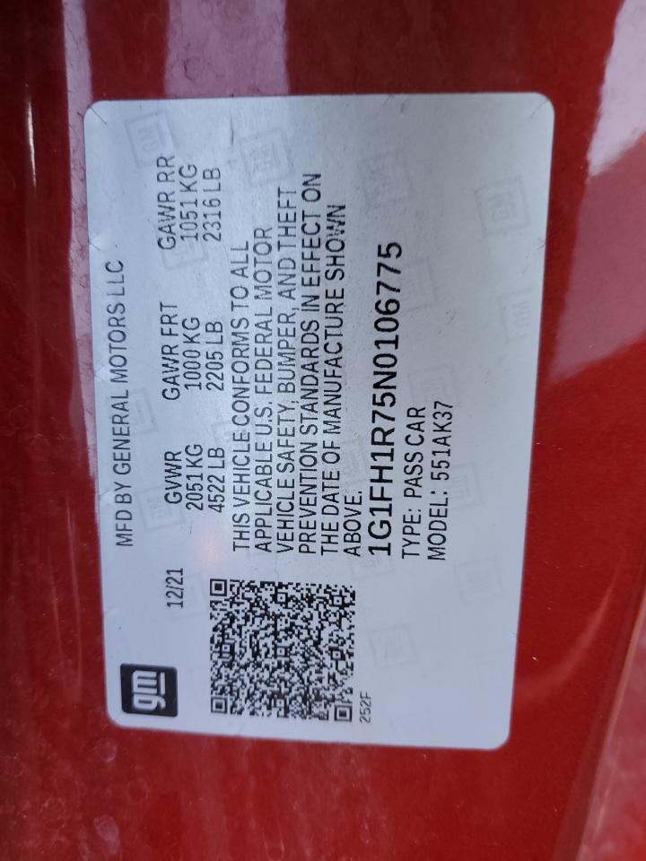 2022 CHEVROLET CAMARO SS VIN:1G1FH1R75N0106775