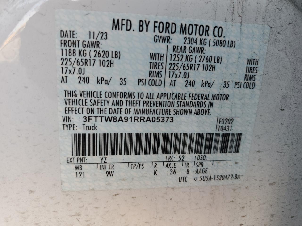 2024 FORD MAVERICK XL VIN:3FTTW8A91RRA05373
