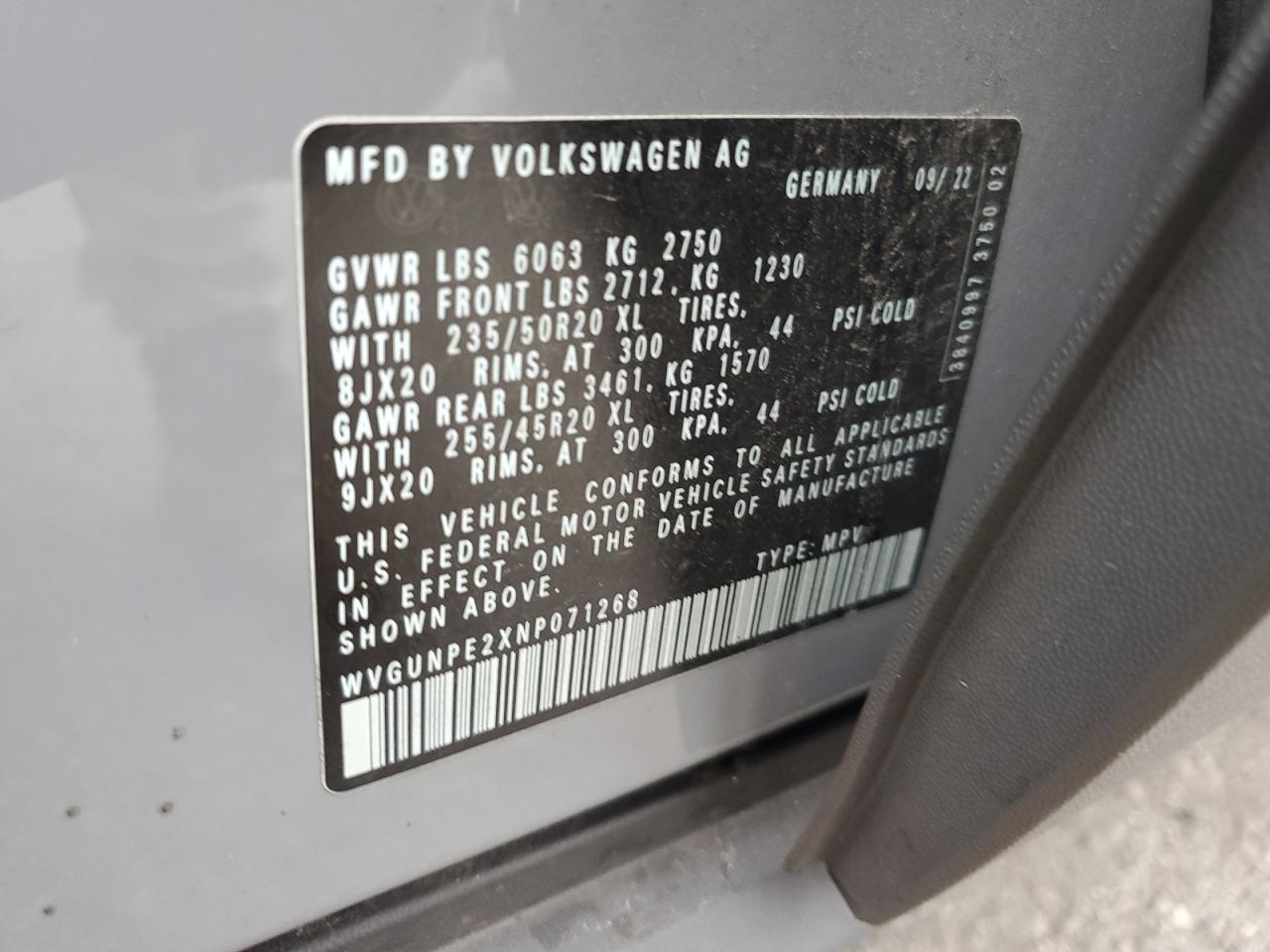 2022 VOLKSWAGEN ID.4 PRO S VIN:WVGUNPE2XNP071268