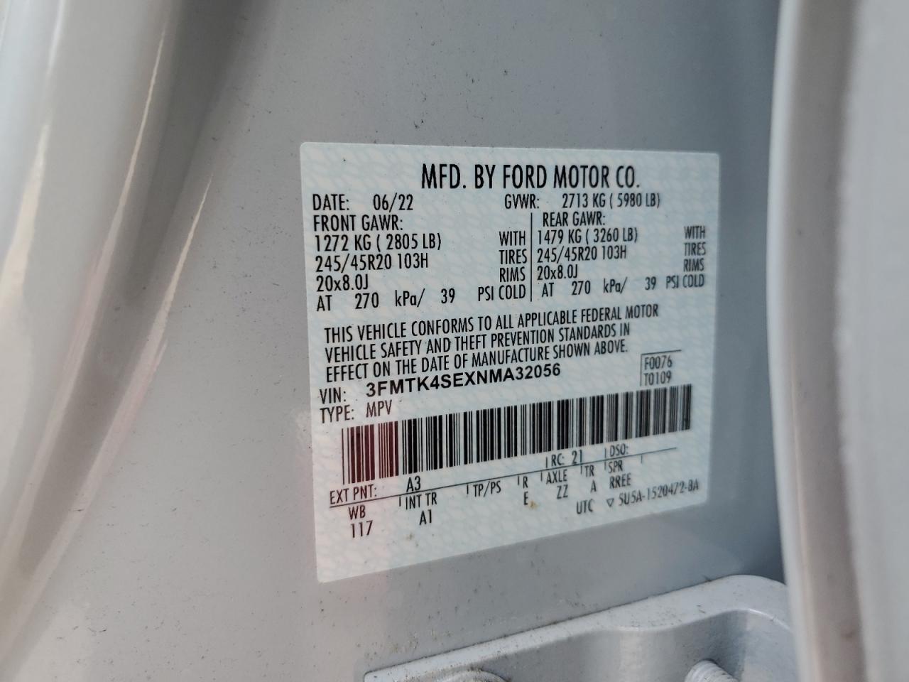 2022 FORD MUSTANG MACH-E GT VIN:3FMTK4SEXNMA32056